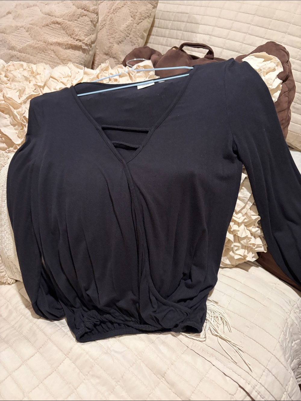 Good Luck Gem Black V-Neck Wrap-Style Long Sleeve Top